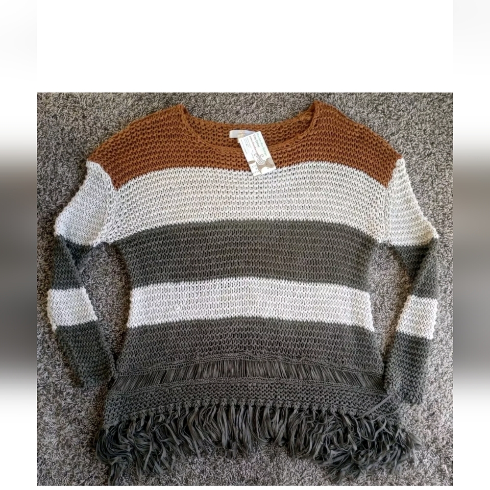 Entro"Fall For Fringe" Olive & Rust Long Sleeve Top Sz Large See Descrip…